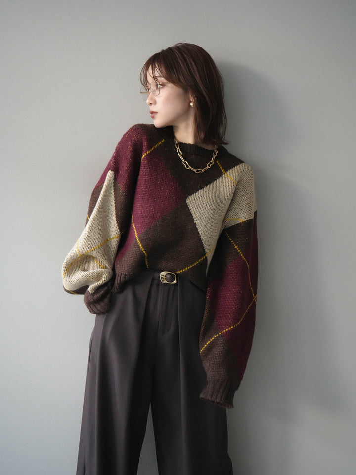 [予約]配色ステッチアーガイル柄ニットプルオーバー/brown