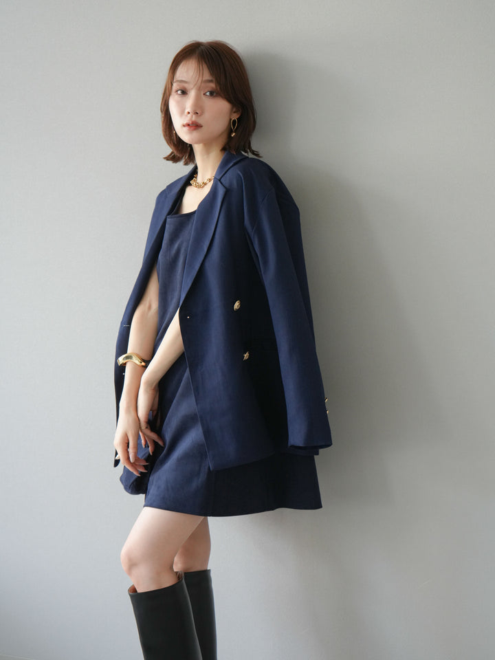 【預購】金色羈扣斜紋雙排扣西裝外套/藏青色