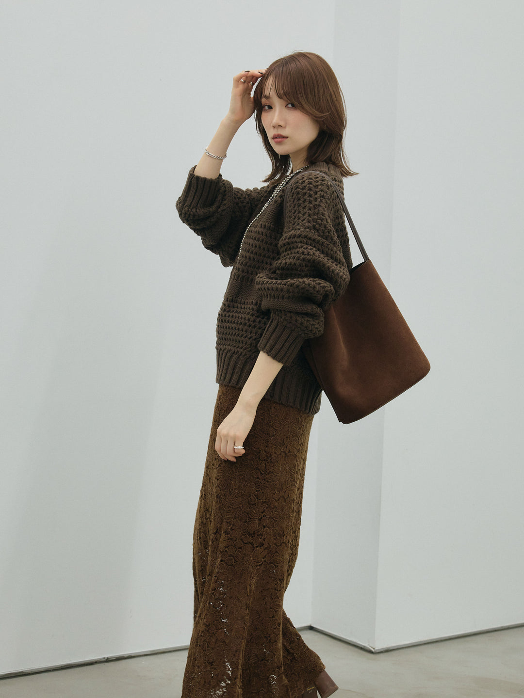 【Allure】[SET]ライン編みニットプルオーバー+起毛レースストレッチナロースカート(2set)