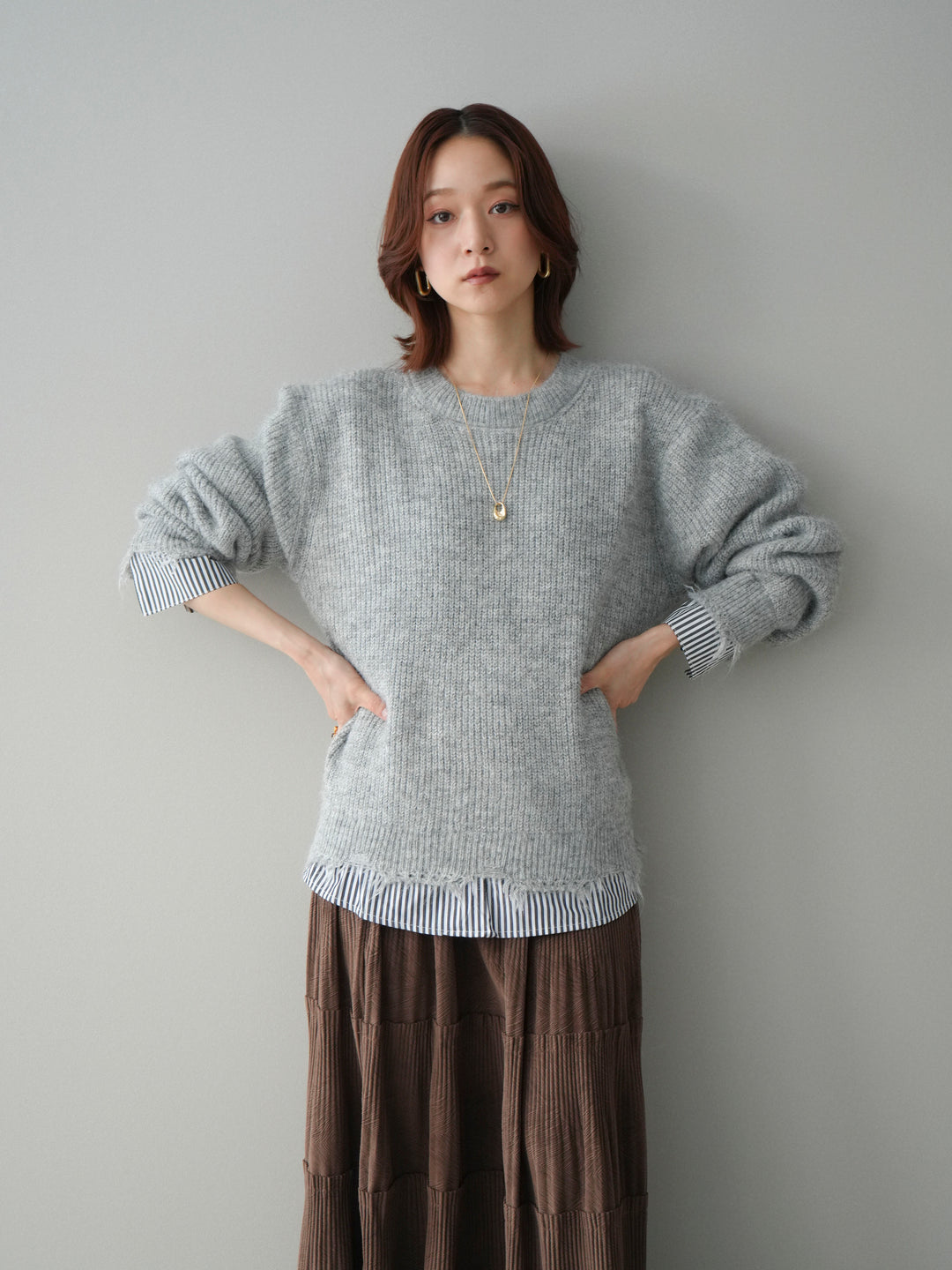 [SET]裾シャツレイヤードダメージニットプルオーバー+ストーンフォークリング(2set)