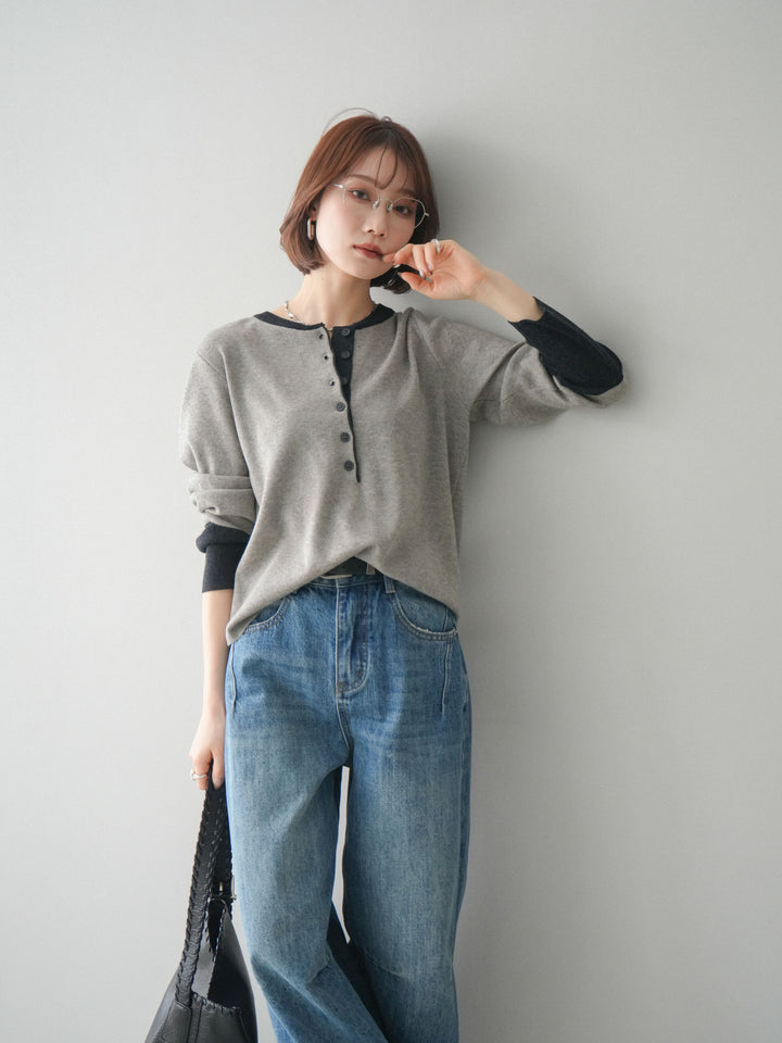 [SET]ヘンリーネック配色ニットソー+ヘンリーネック配色ニットソー(2set)