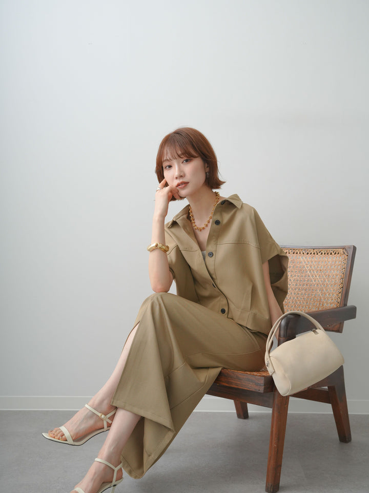 [SET]クレープデシンランタンノースリシャツ+クレープデシンフラップ付きストレートスカート(2set)