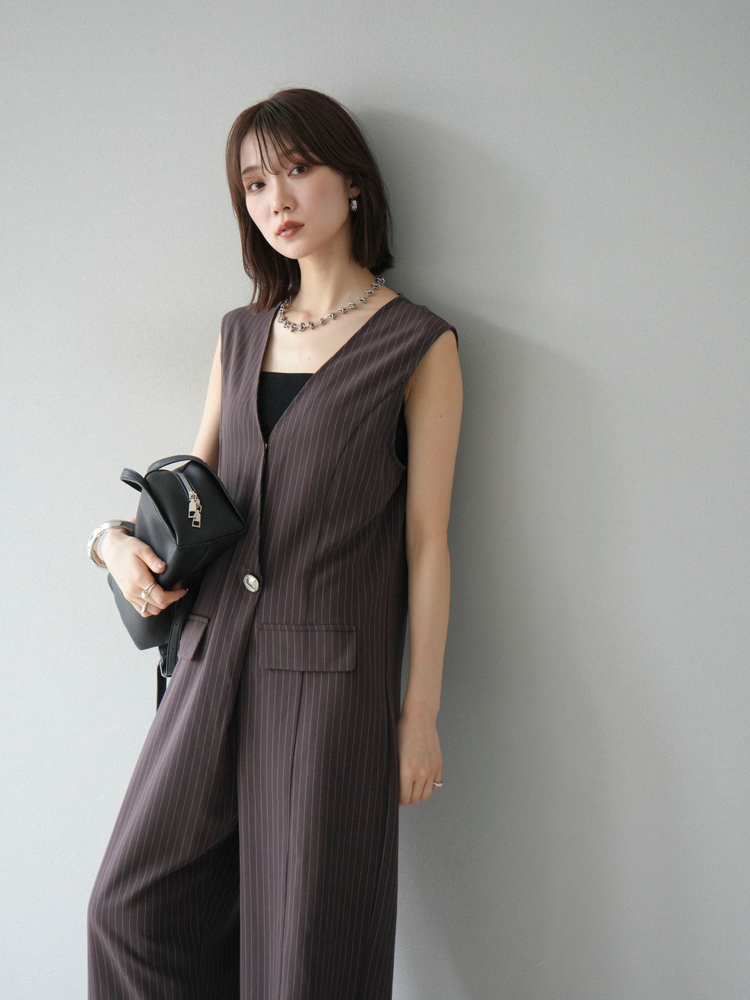 [予約]ストライプラップデザインオールインワン/ブラウン