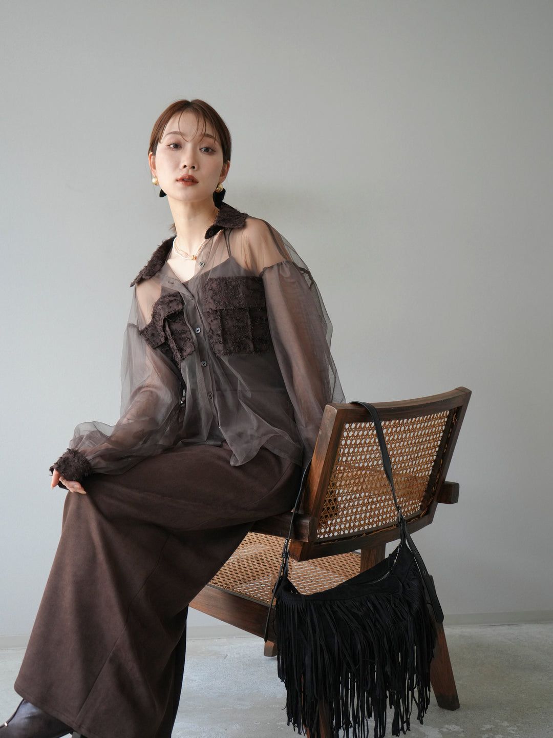 [予約]フリンジジャガード×チュールレイヤードシャツ/ブラウン
