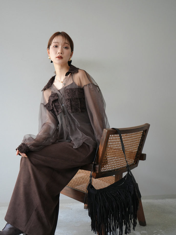 [予約]フリンジジャガード×チュールレイヤードシャツ/ブラウン