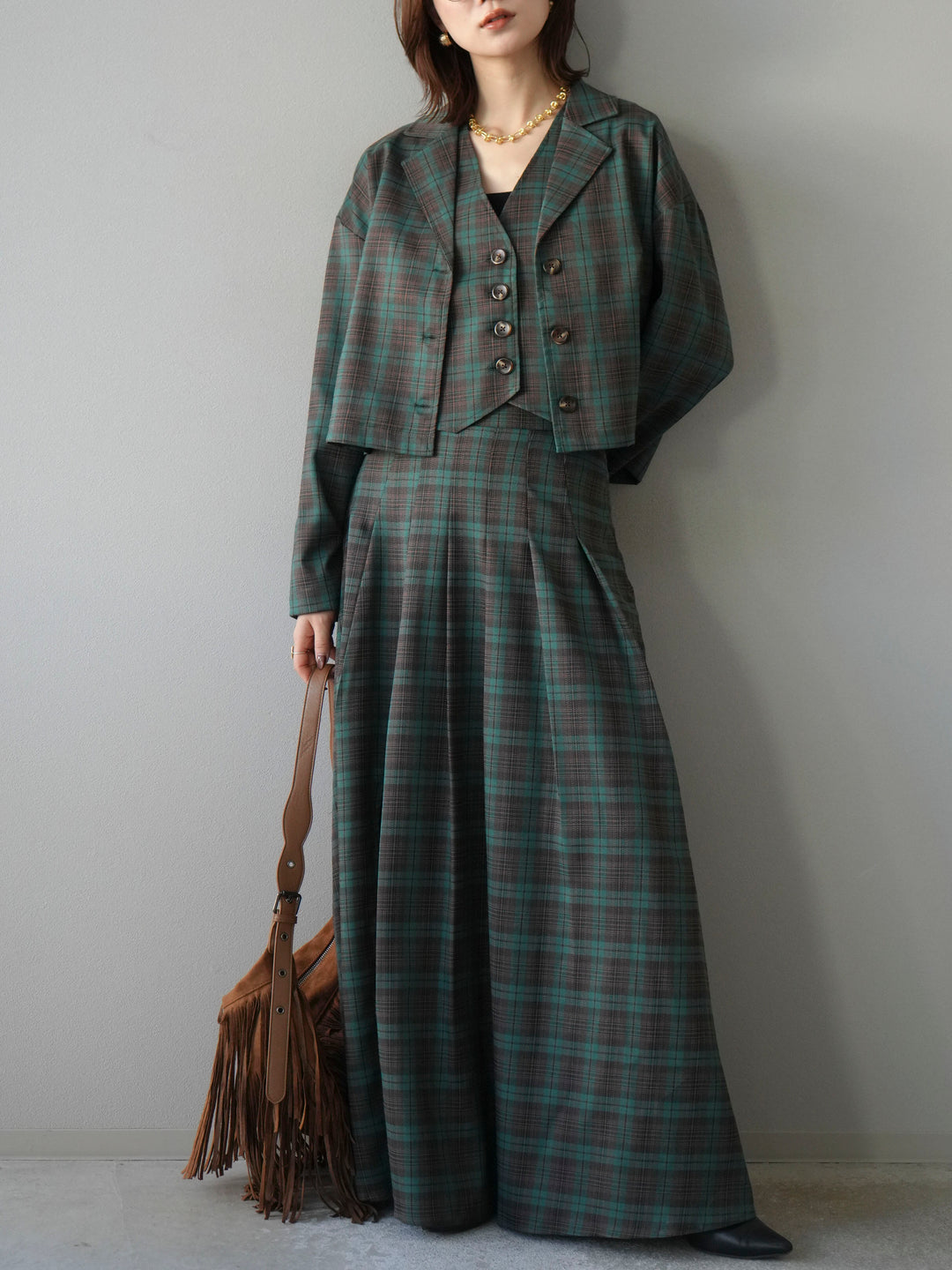 [予約]チェック柄ベスト/グリーン