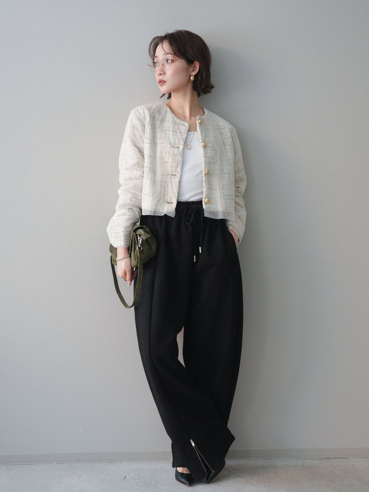 [SET]チュールレイヤードツイードクロップドジャケット+裾ZIPスエットワイドパンツ(2set)