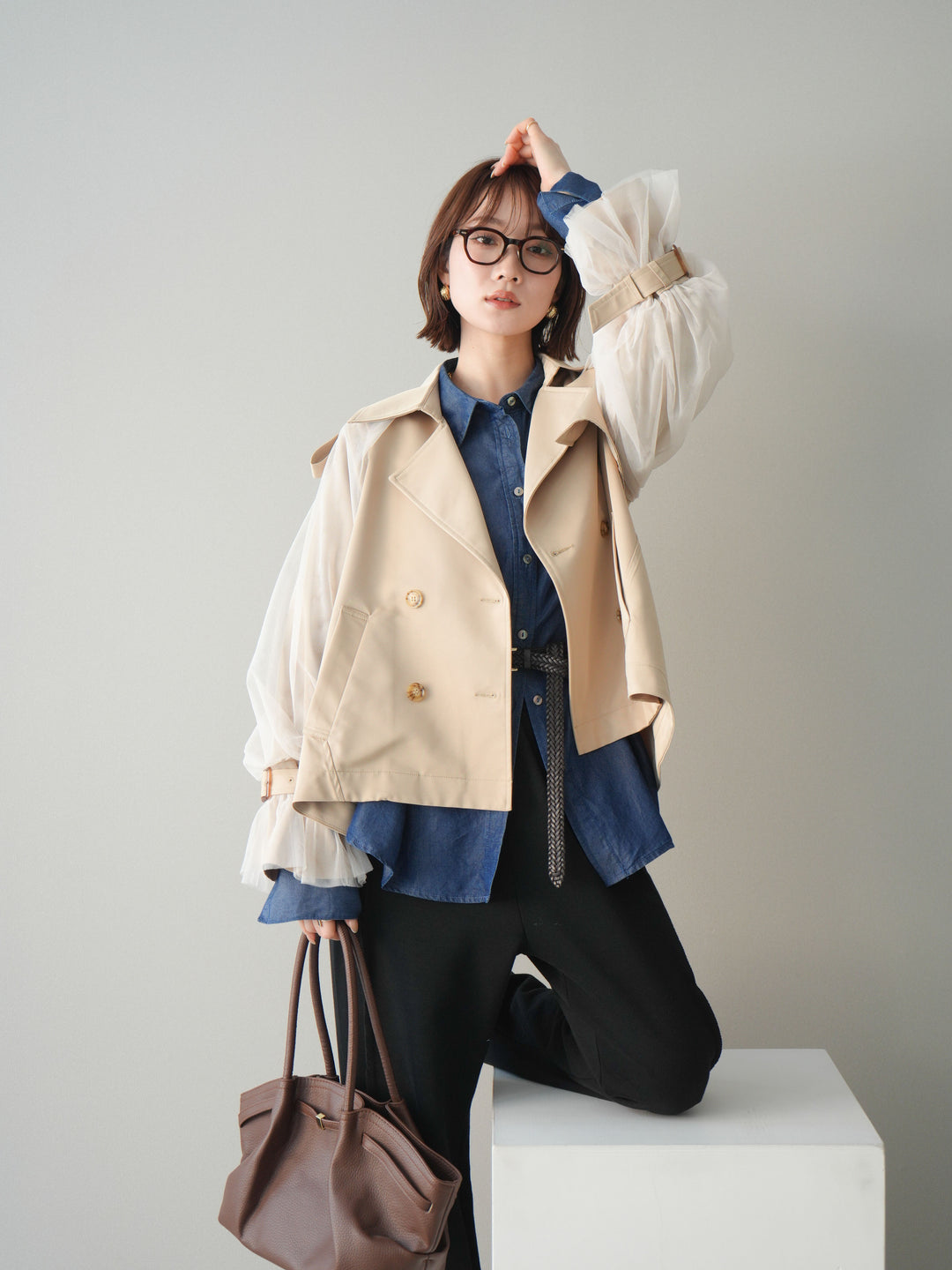 【預購】薄紗層疊蓬鬆袖短風衣/米色