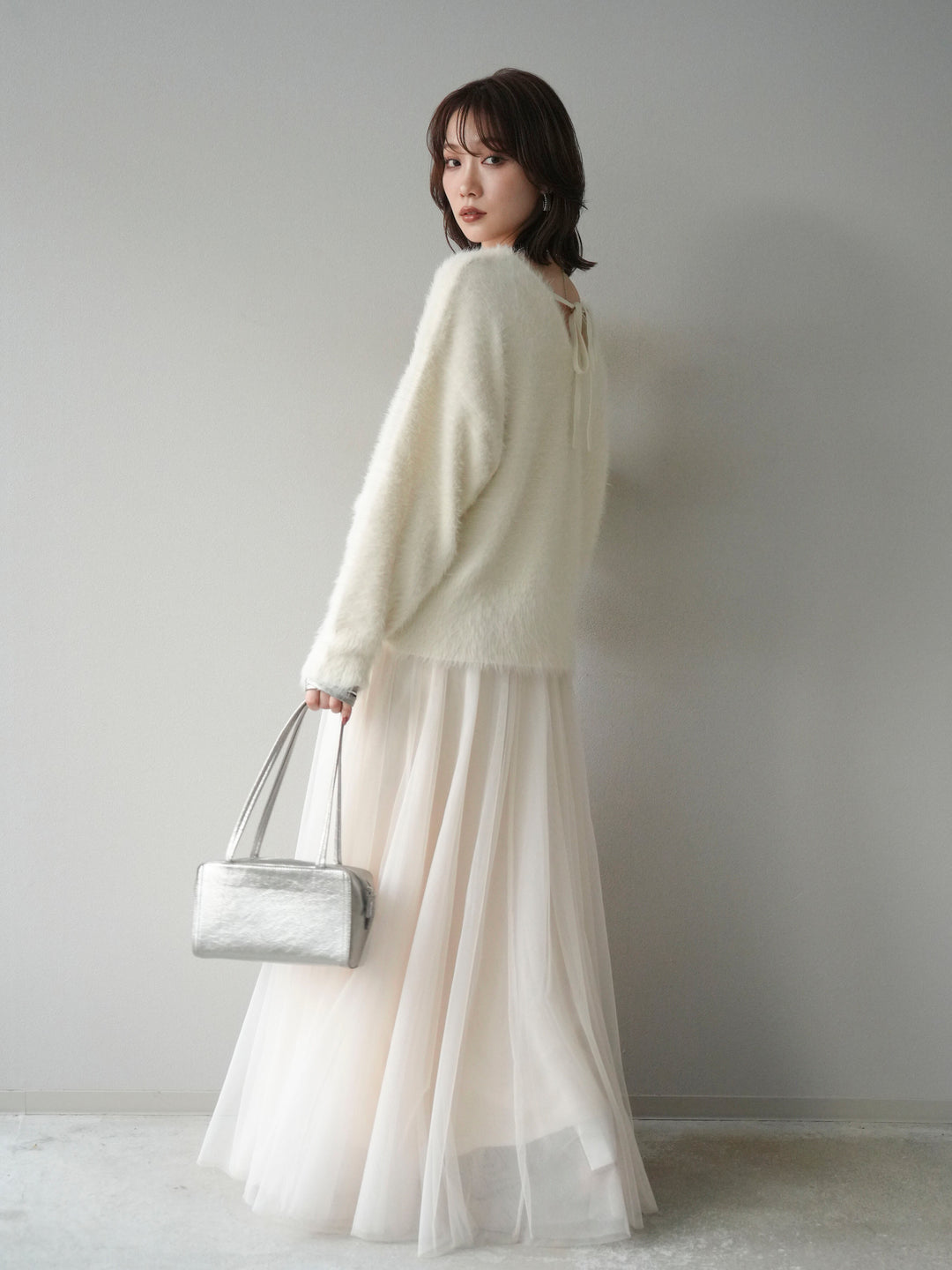 [SET]バックリボンVネックシャギーニットプルオーバー+チュールボリュームスカート(2set)