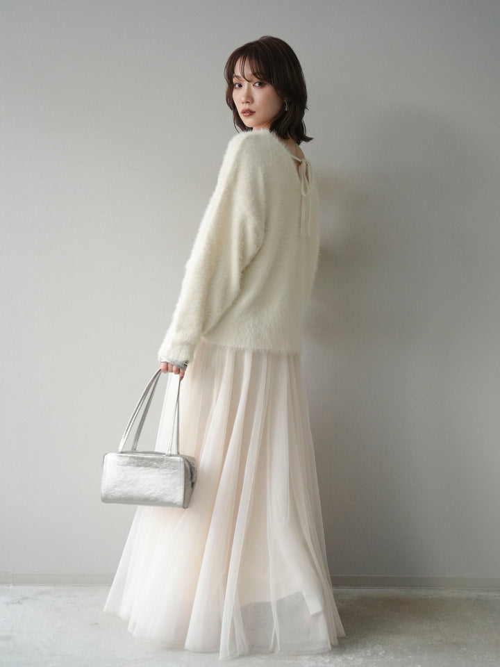 [SET]バックリボンVネックシャギーニットプルオーバー+チュールボリュームスカート(2set)