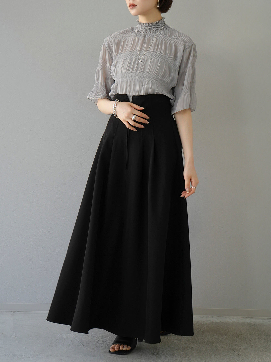 [SET] Shirring chiffon half sleeve blouse + 2WAY flare jumper skirt (2set)