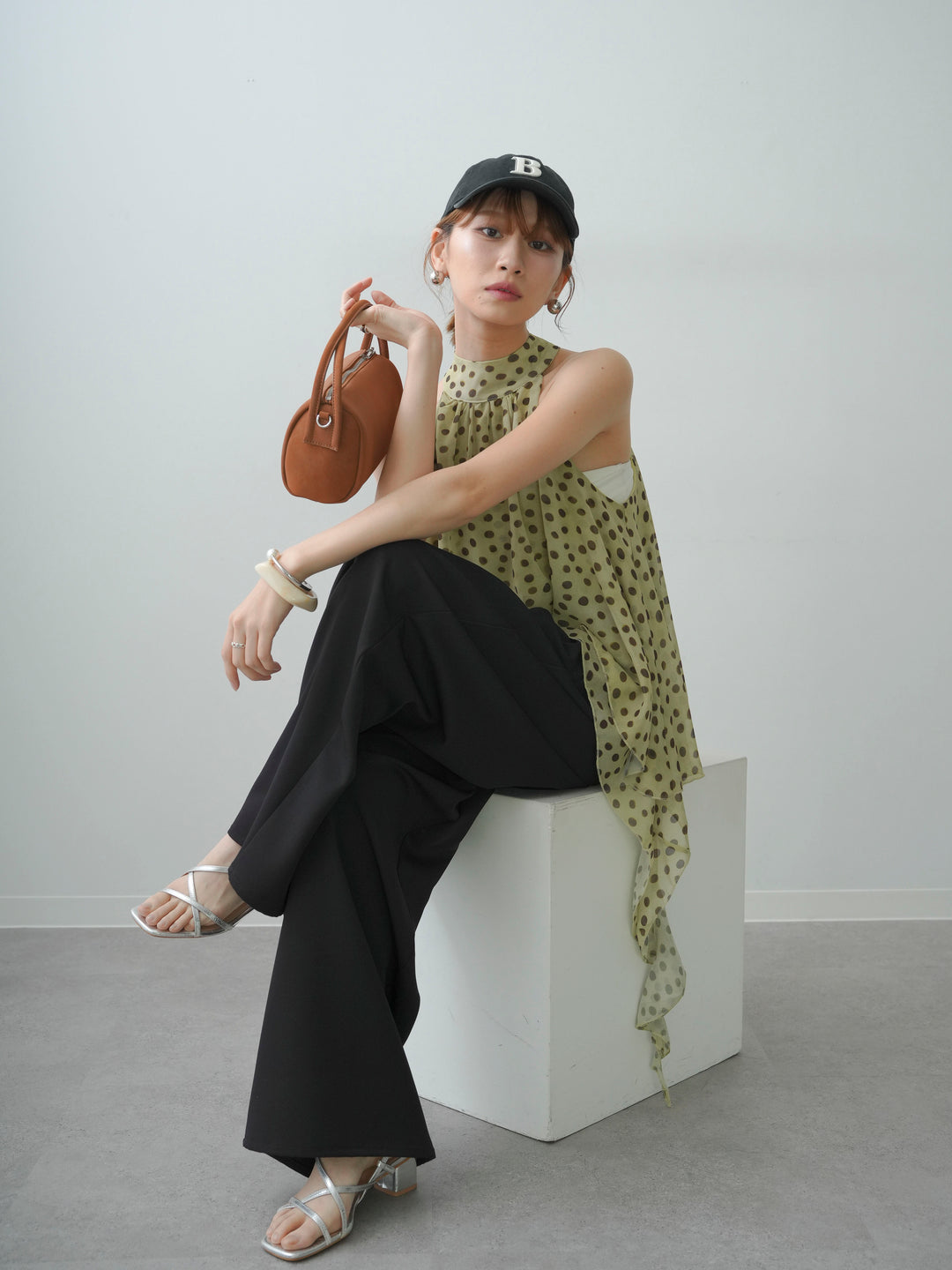 [SET]ドットシフォンノースリブラウス+クレープデシンタックワイドパンツ(2set)