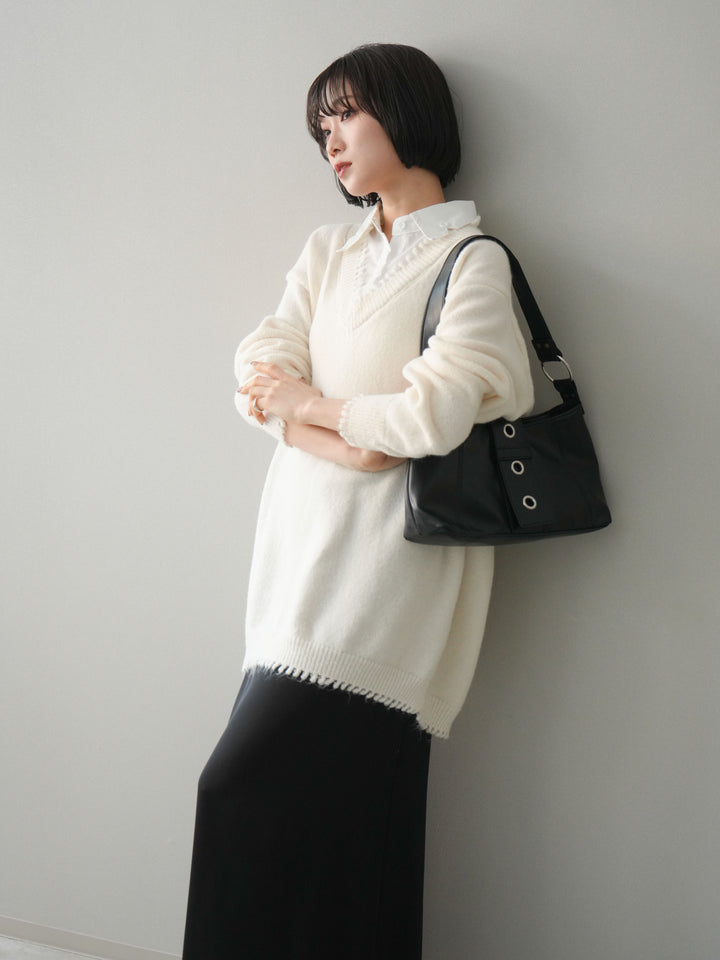 [SET]シャツドッキングVネックフリンジニットプルオーバー+選べるアクセセット(2set)