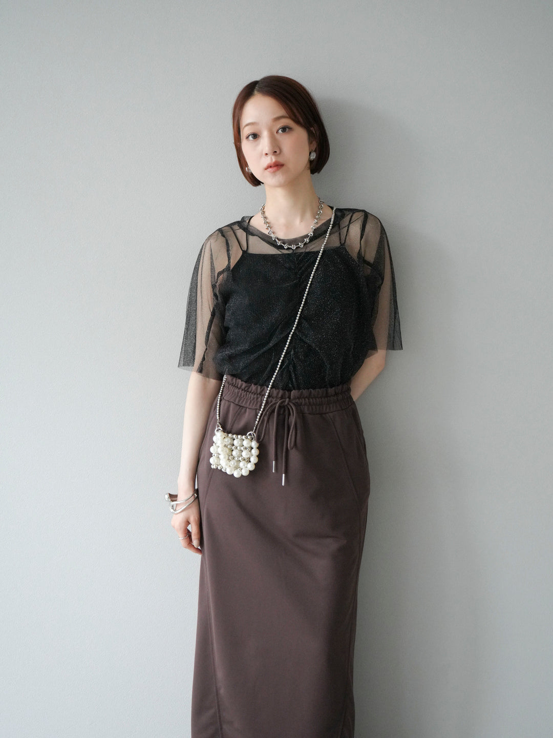 [SET]ラメチュールシャーリングプルオーバー+ダブルストラップカットリブブラキャミソール(2set)