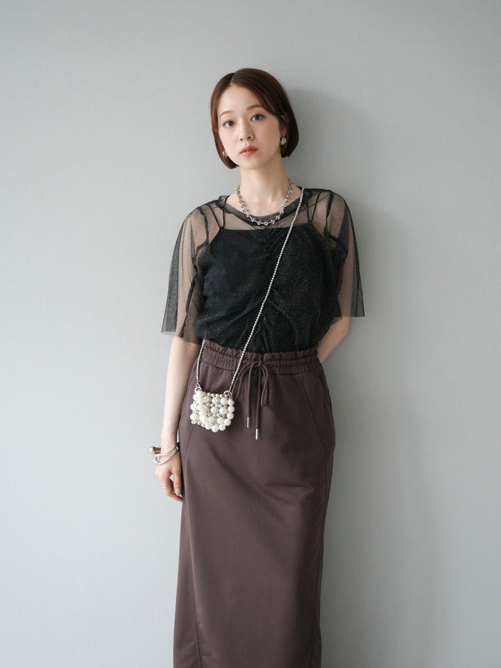 [SET]ラメチュールシャーリングプルオーバー+ダブルストラップカットリブブラキャミソール(2set)