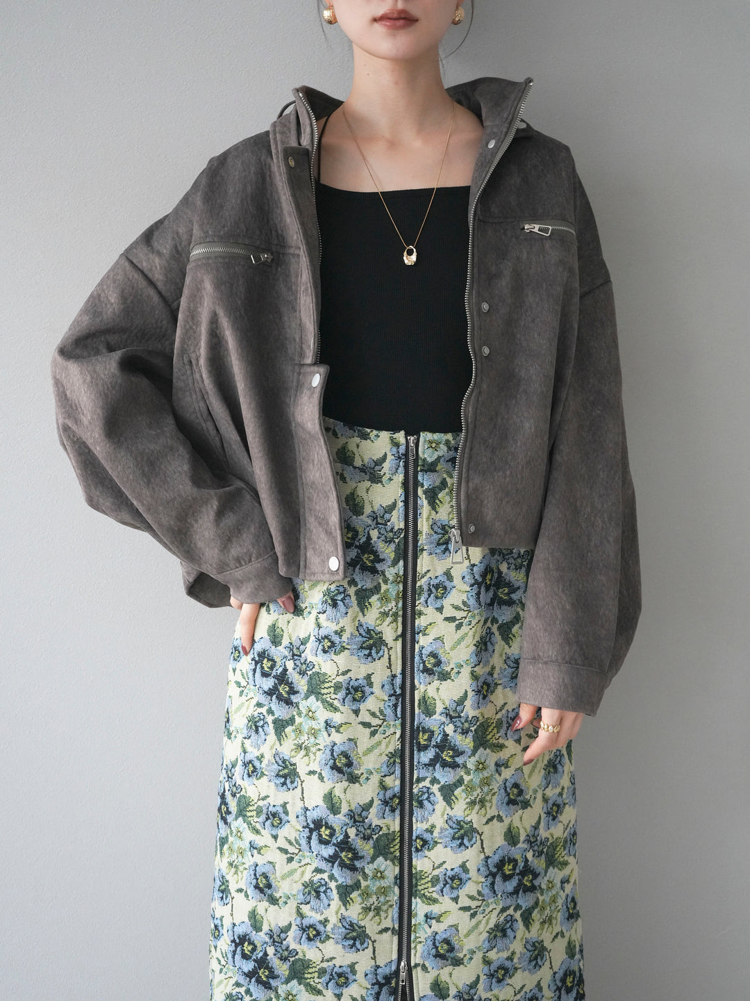 [予約]スエードジップデザインブルゾン/gray