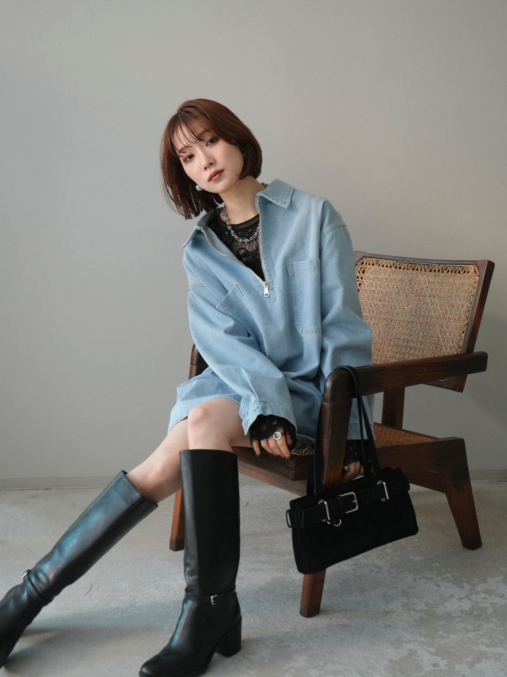 [SET]ハーフジップデニムミニワンピース+チュールレーストップス(2set)