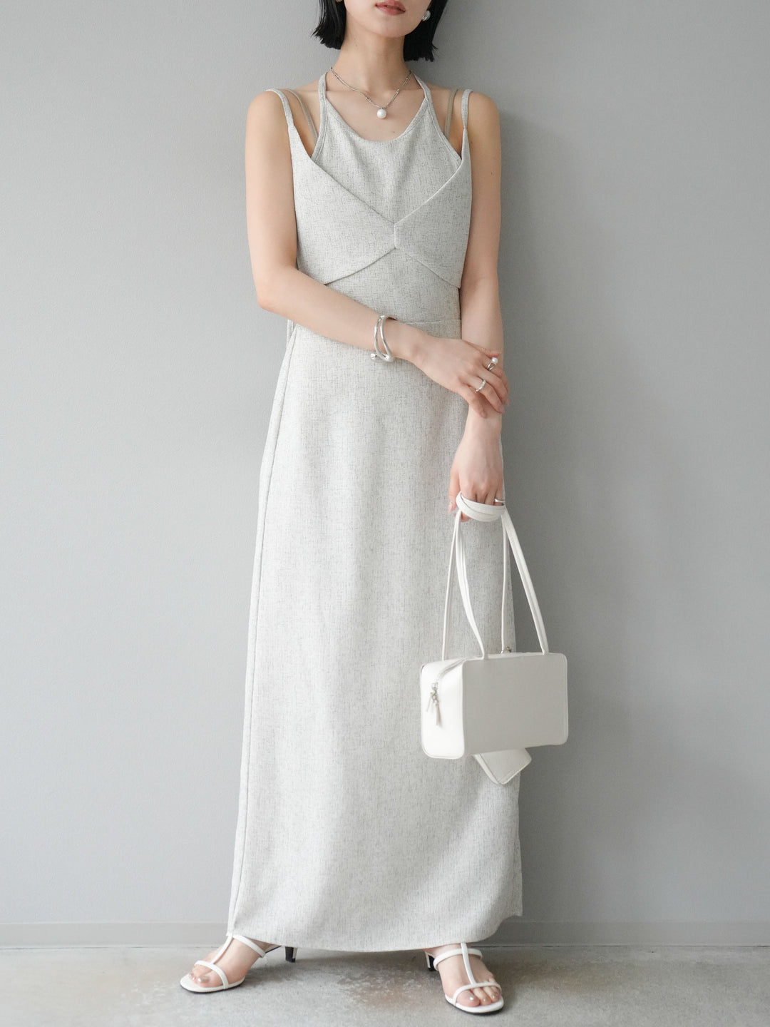 [預購] 夏季粗花呢層疊吊帶洋裝/象牙白