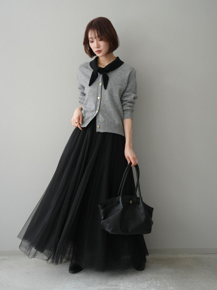 [SET]デザイン襟ニットカーディガン+チュールボリュームスカート(2set)