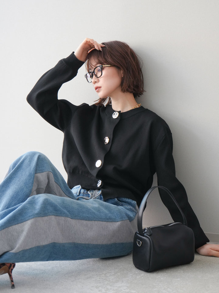 [SET]メタルボタンクルーネックニットカーディガン+デニム切替スウェットパンツ(2set)