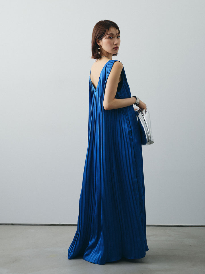 [予約]サテンプリーツVネックワンピース/ブルー