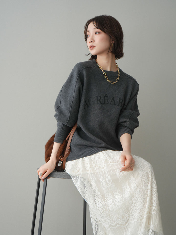 [予約]半ラバープリントロゴスウェットライクニットプルオーバー/mokucharcoal