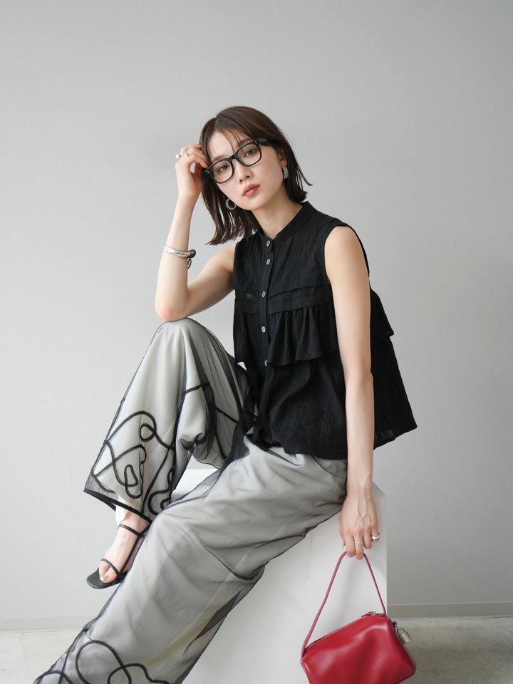 [SET]ドビーストライプアシンメトリーフリルノースリブラウス+コード刺繍チュールレイヤードパンツ+リネンライクイージーワイドパンツ(3set)