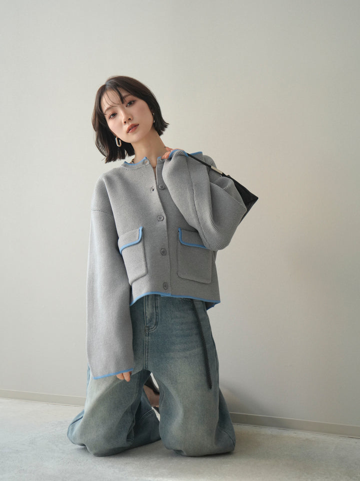 [SET]ポリエステル配色ニットカーディガン+裏起毛カットオフカーブデニムパンツ(2set)