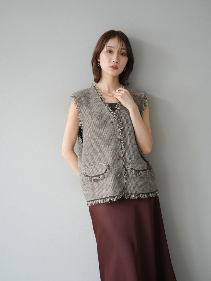 [予約]ツイードライクフリンジニットベスト/ブラウン