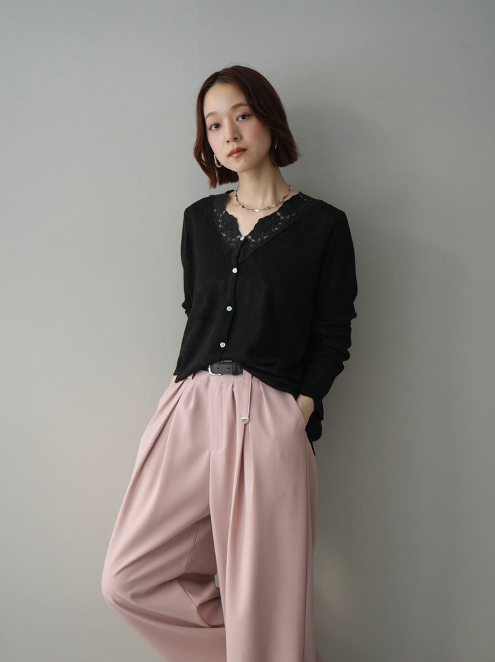 [SET]レースネックジャガードニットカーディガン+ベルト付キーホルダーモチーフワイドパンツ(2set)