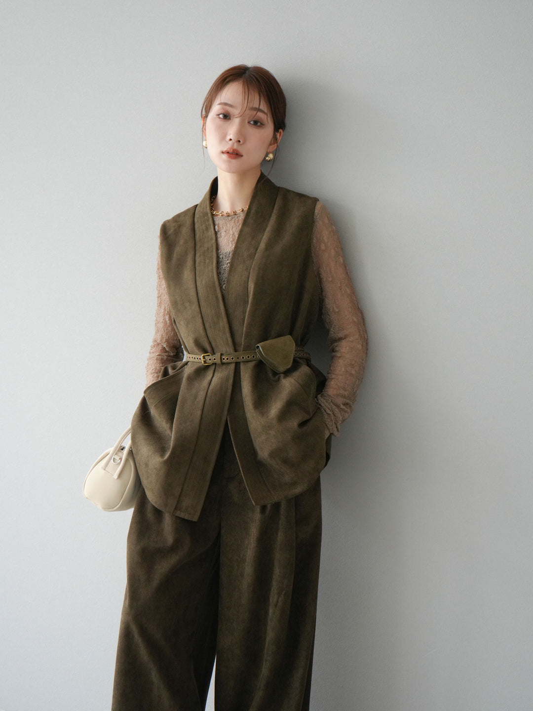 [SET]ポーチベルト付スウェードジレ×パンツSET UP(2set)