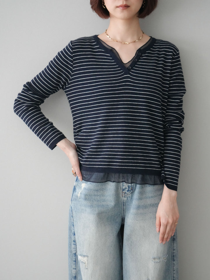 [SET]チュールレイヤードデザインボーダーニットトップス+ダメージデニムセミワイドパンツ(2set)