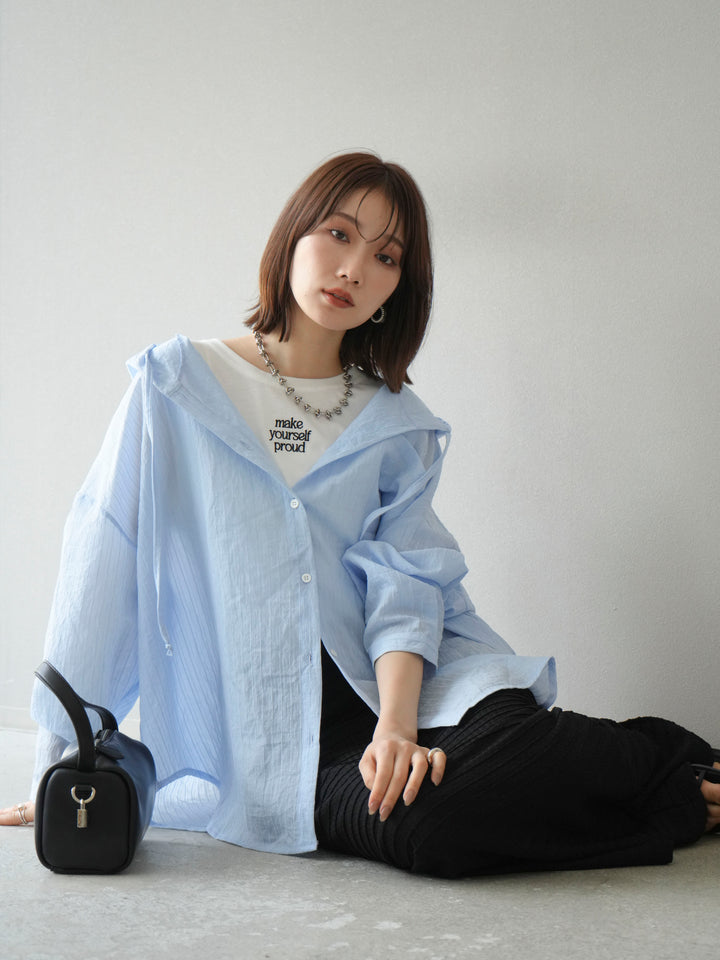 [予約]ワッシャーストライプフーディーシャツ/ブルー