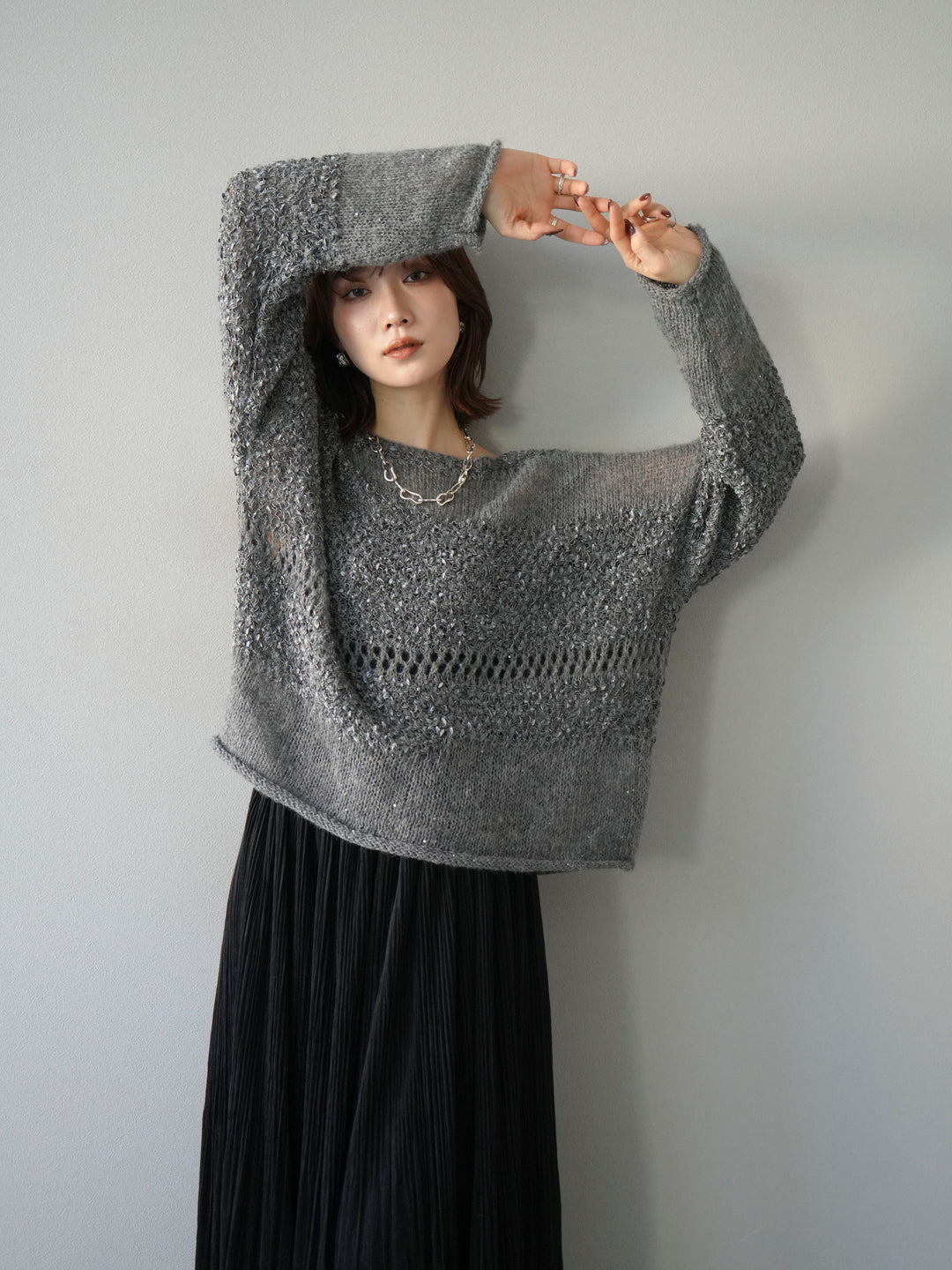 [予約]ミックスヤーンデザイン編みメッシュニットプルオーバー/グレー