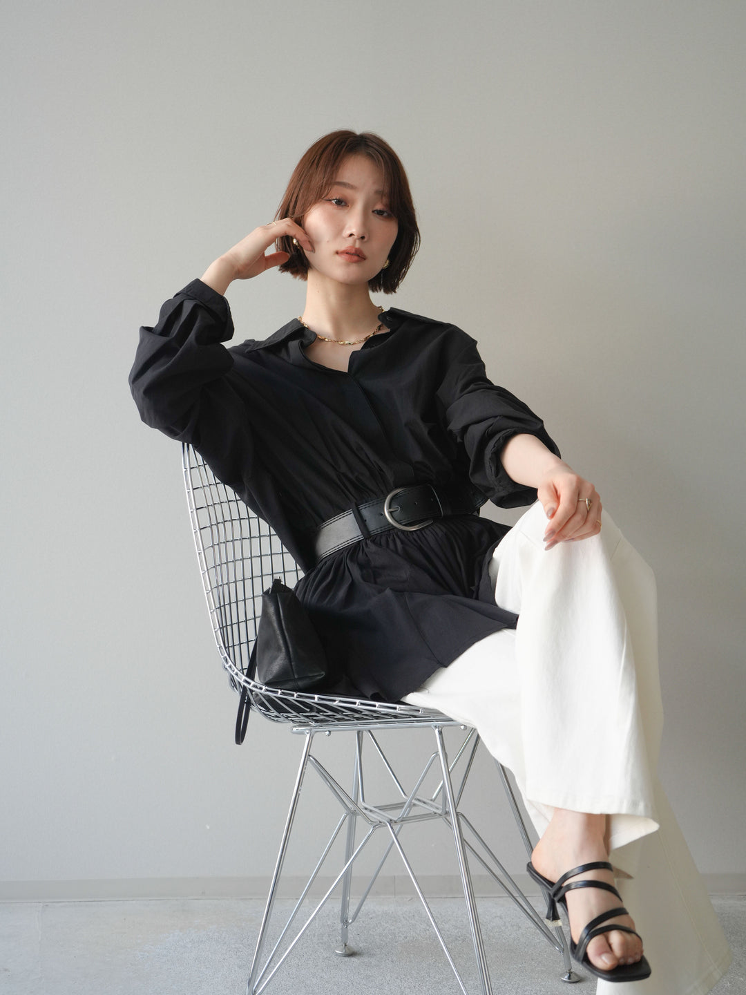 [予約]ベルト付フレアシャツミニワンピース/black