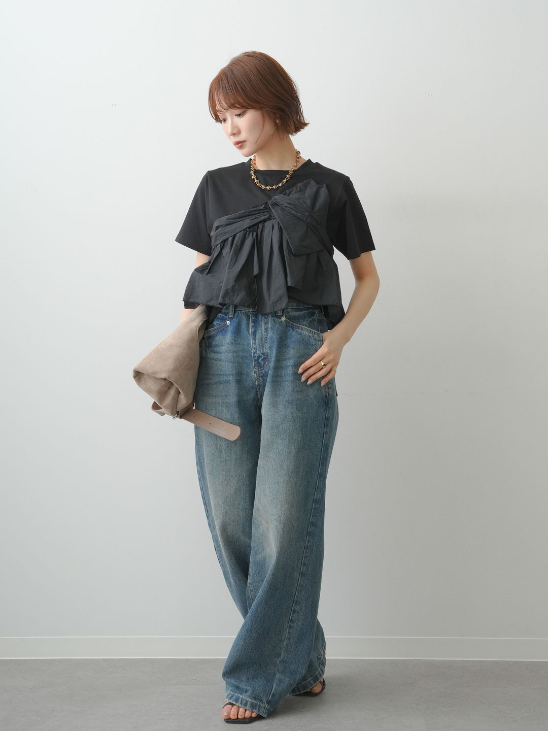 【着回しセット】[SET]ナイロンドッキングツイストTEE +ナイロンドッキングツイストTEE +ストーンウォッシュルーズフィットデニム(3set)