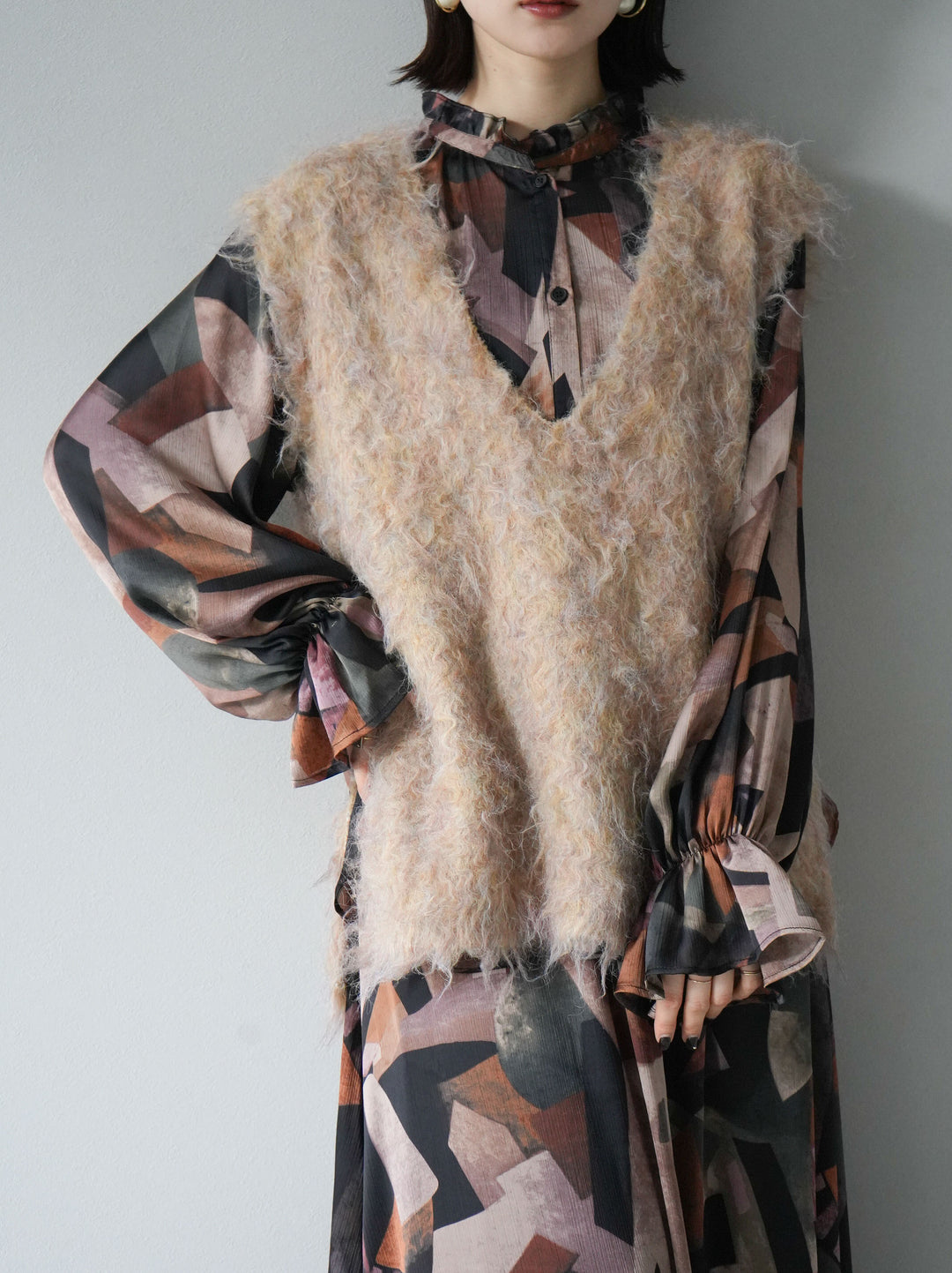 [予約]ウール混ミックスヤーンニットベスト/オレンジ