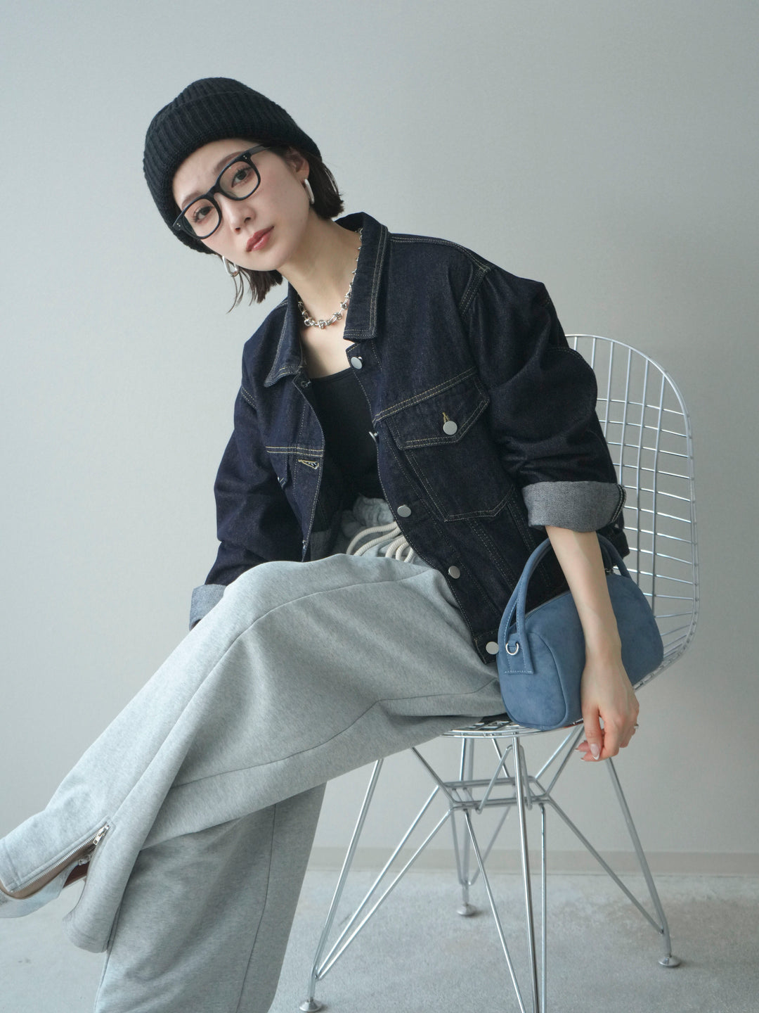 [予約]配色ステッチデニムジャケット/darkblue