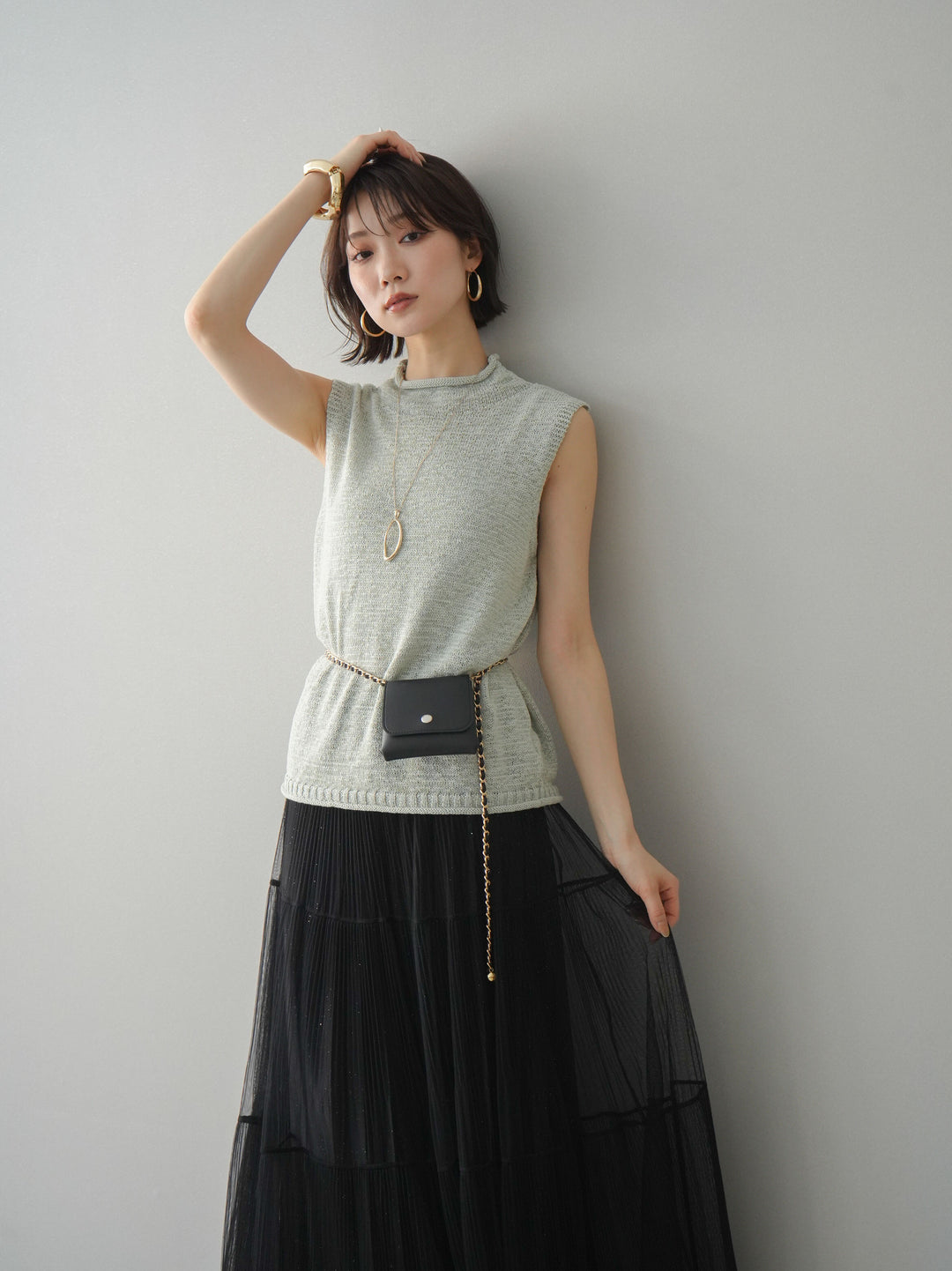 [予約]ノースリーブリネンタッチシアーニットプルオーバー/green