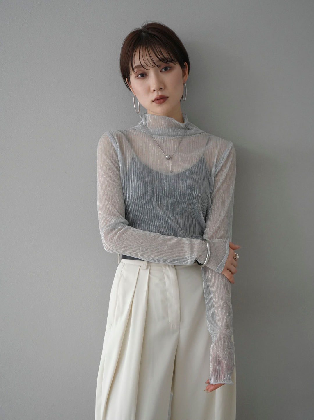 [Pre-order] Glitter pleated sheer top/silver