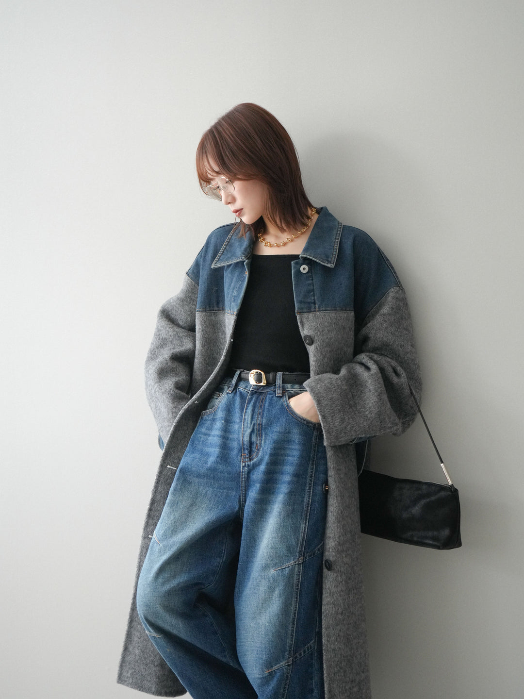 [SET]デニム切替シャギーステンカラーコート+選べるアクセセット(2set)
