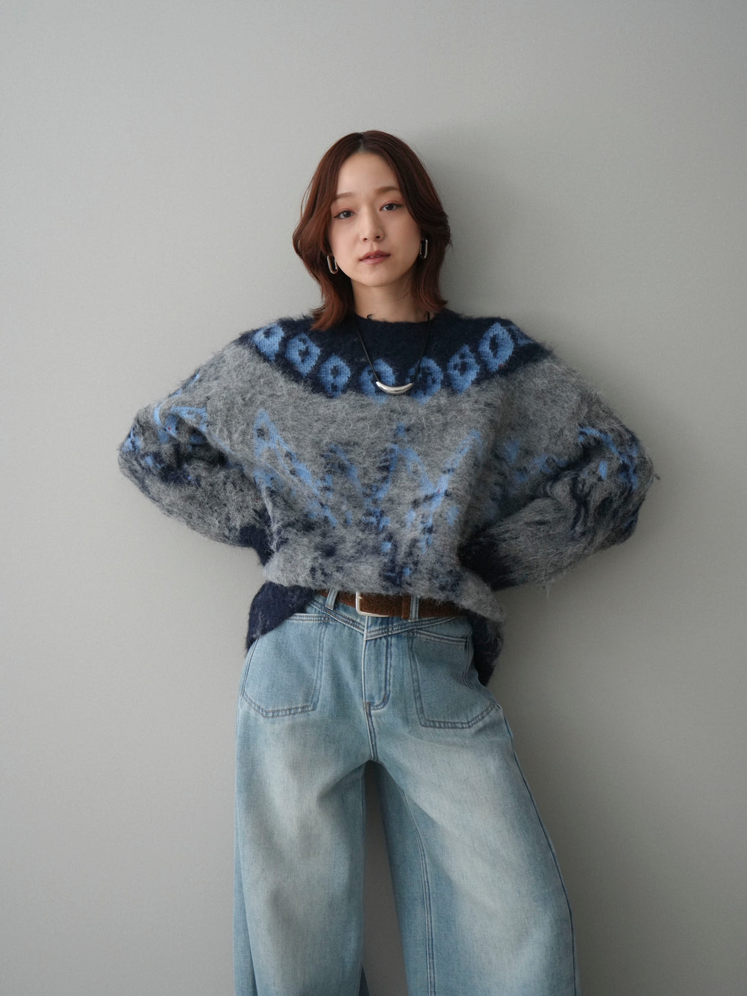 [SET]シャギーニュアンス柄ニットプルオーバー+ベルト付裏起毛カーブデニムパンツ(2set)