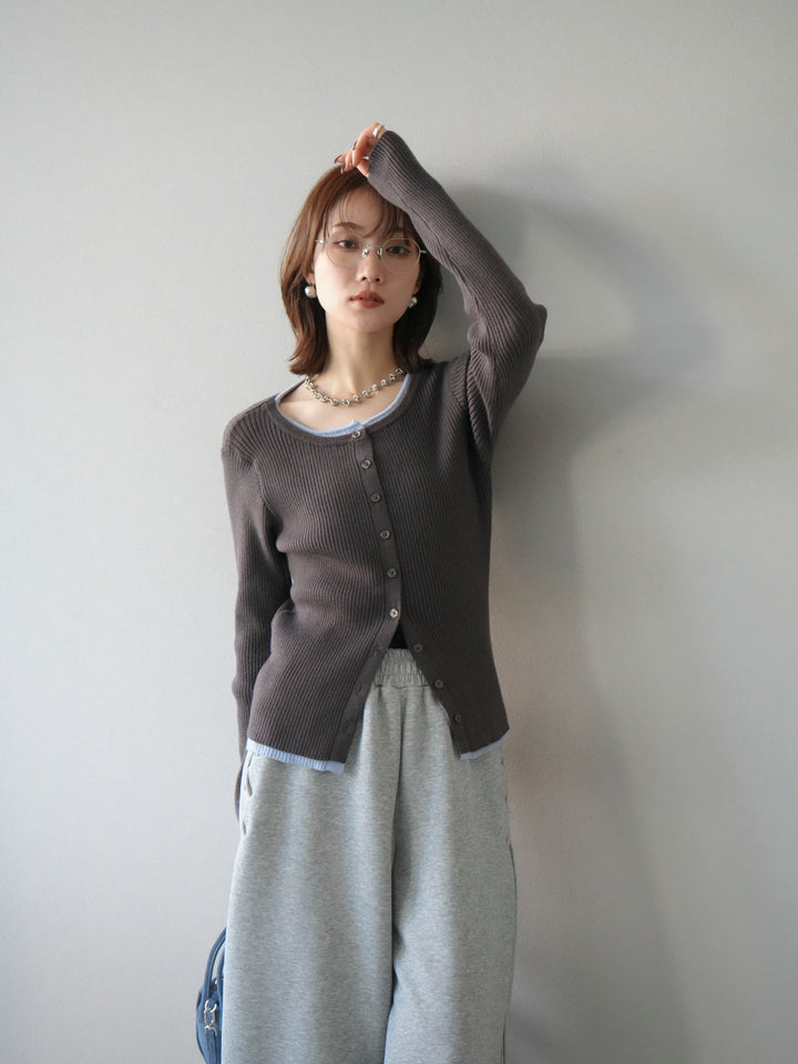 [予約]レイヤード配色ニットカーディガン/グレー