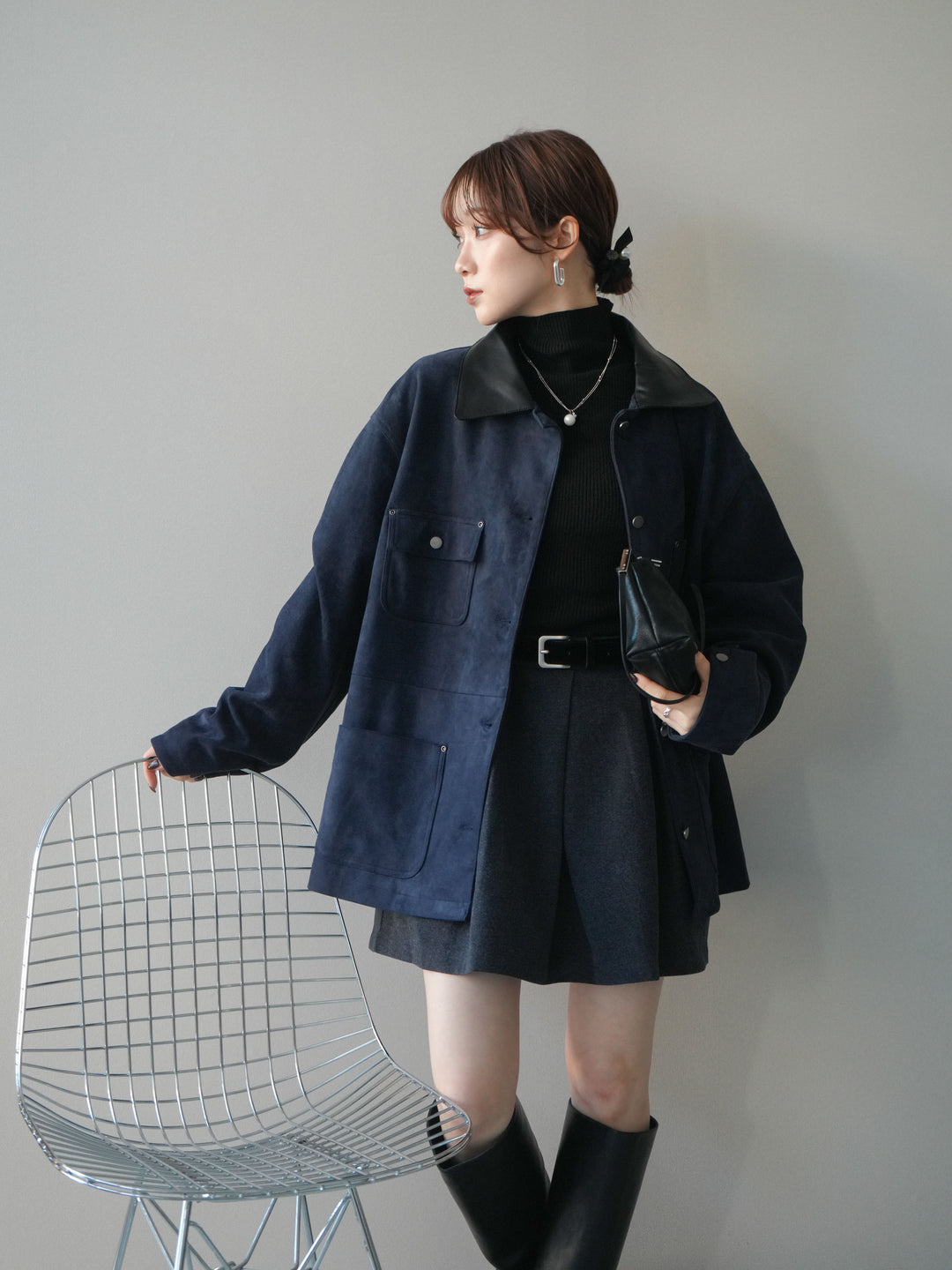 [予約]襟レザーステンカラースエードジャケット/navy