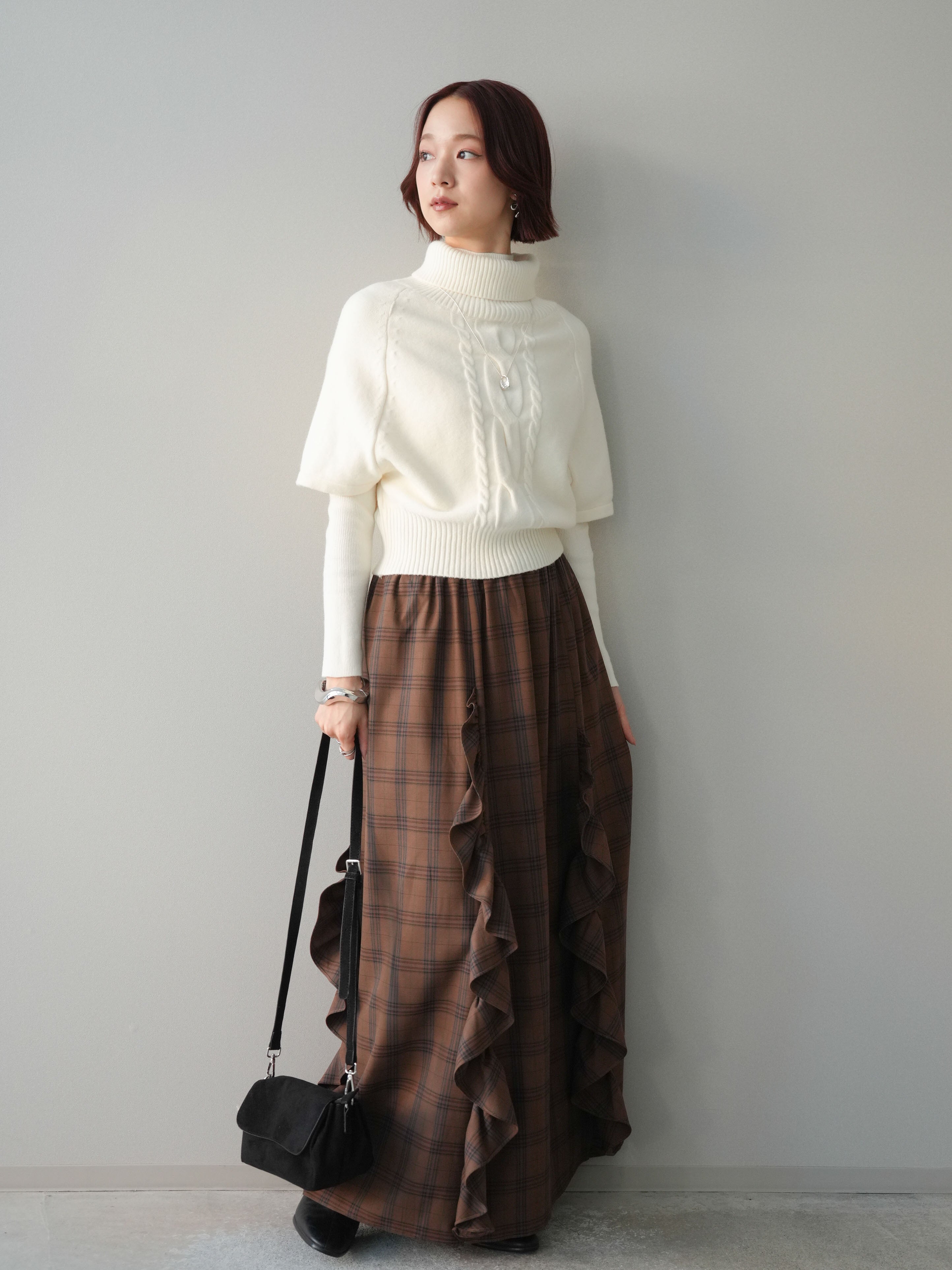 予約]チェック柄フリルハイウエストマキシスカート/lightbrown – Lumier