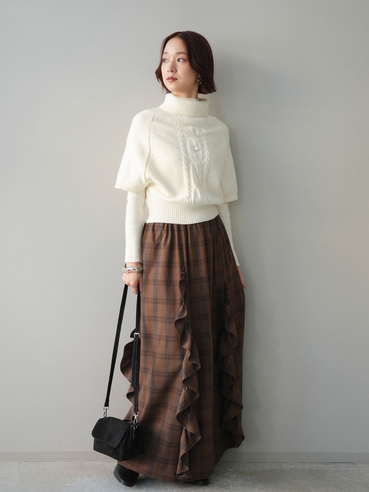 [予約]チェック柄フリルハイウエストマキシスカート/lightbrown