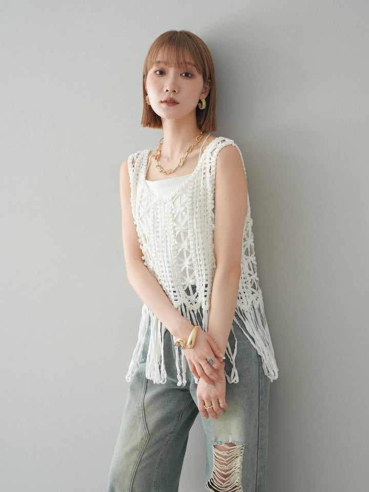 [予約]クロシェフリンジノースリーブトップス/アイボリー