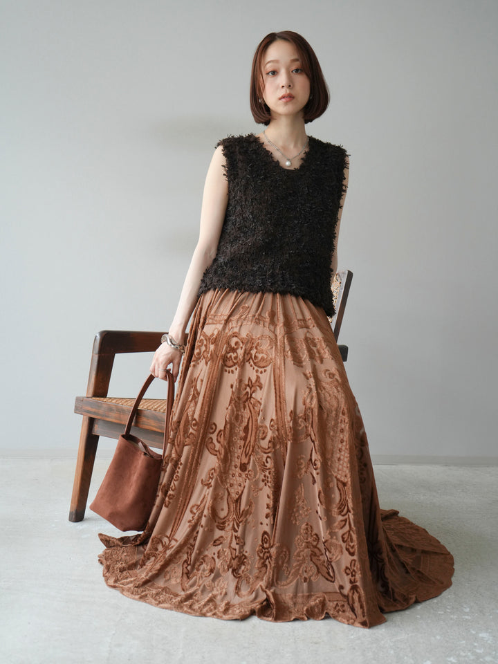 [SET]テープヤーンフリンジニットベスト+アンティーク柄フロッキーマキシスカート(2set)
