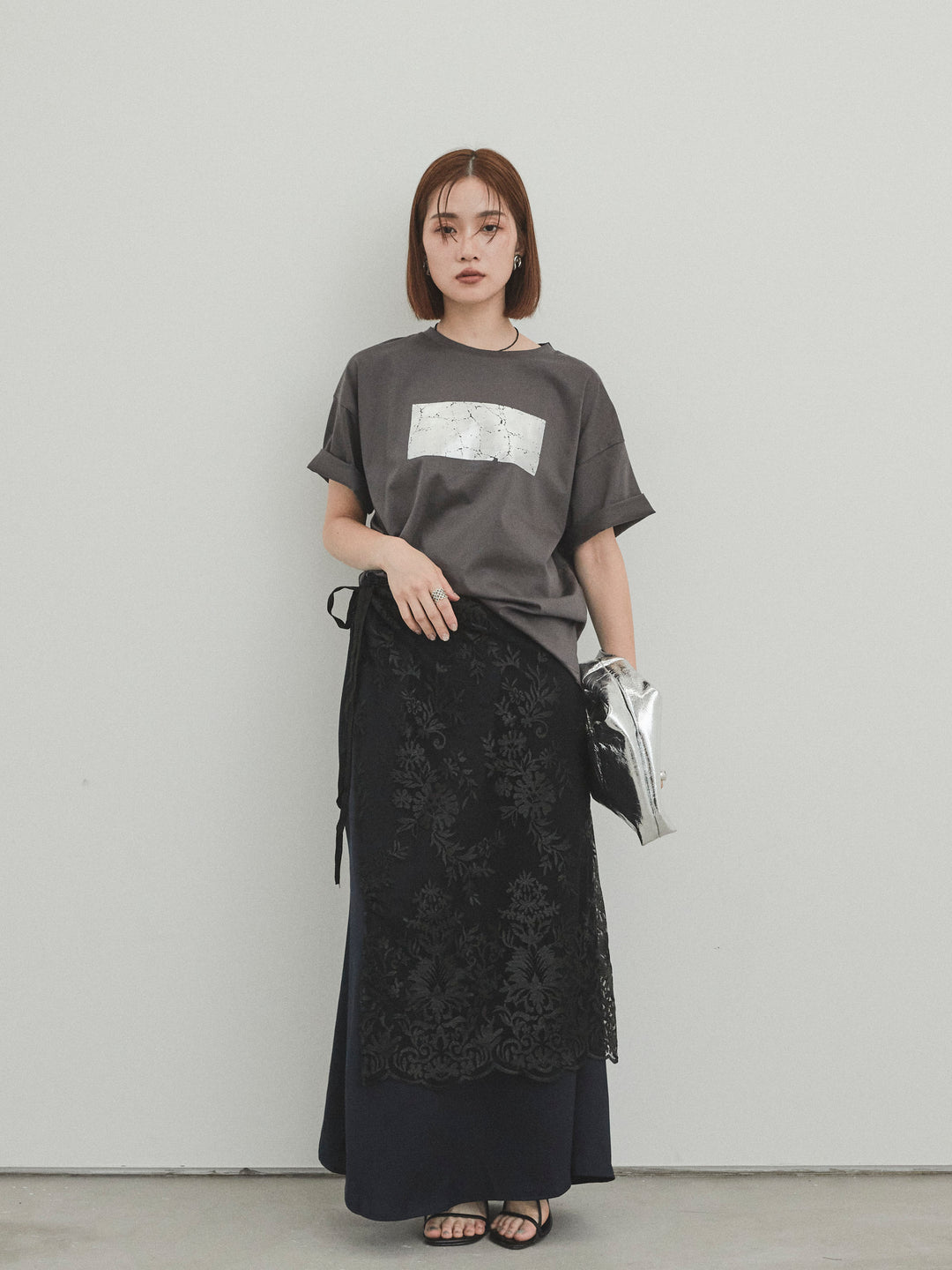 [SET]箔プリントドライタッチコットンTEE +チュールジャガードラップロングスカート(2set)