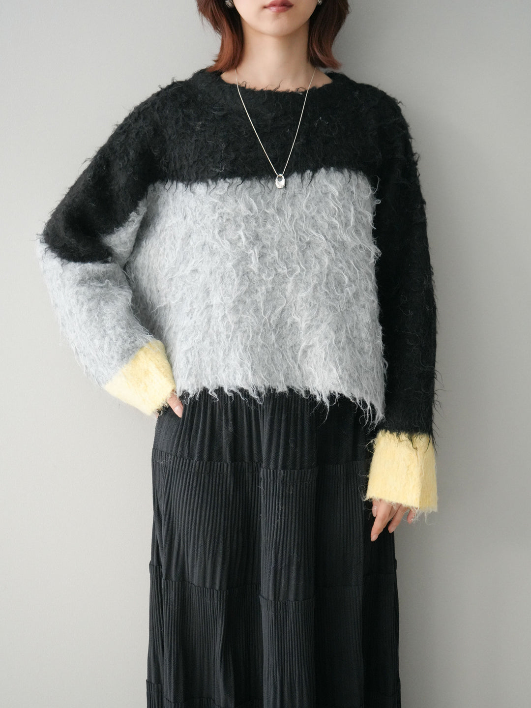 [SET]バイカラーモヘアタッチニットプルオーバー+型押しスエードティアードプリーツスカート(2set)